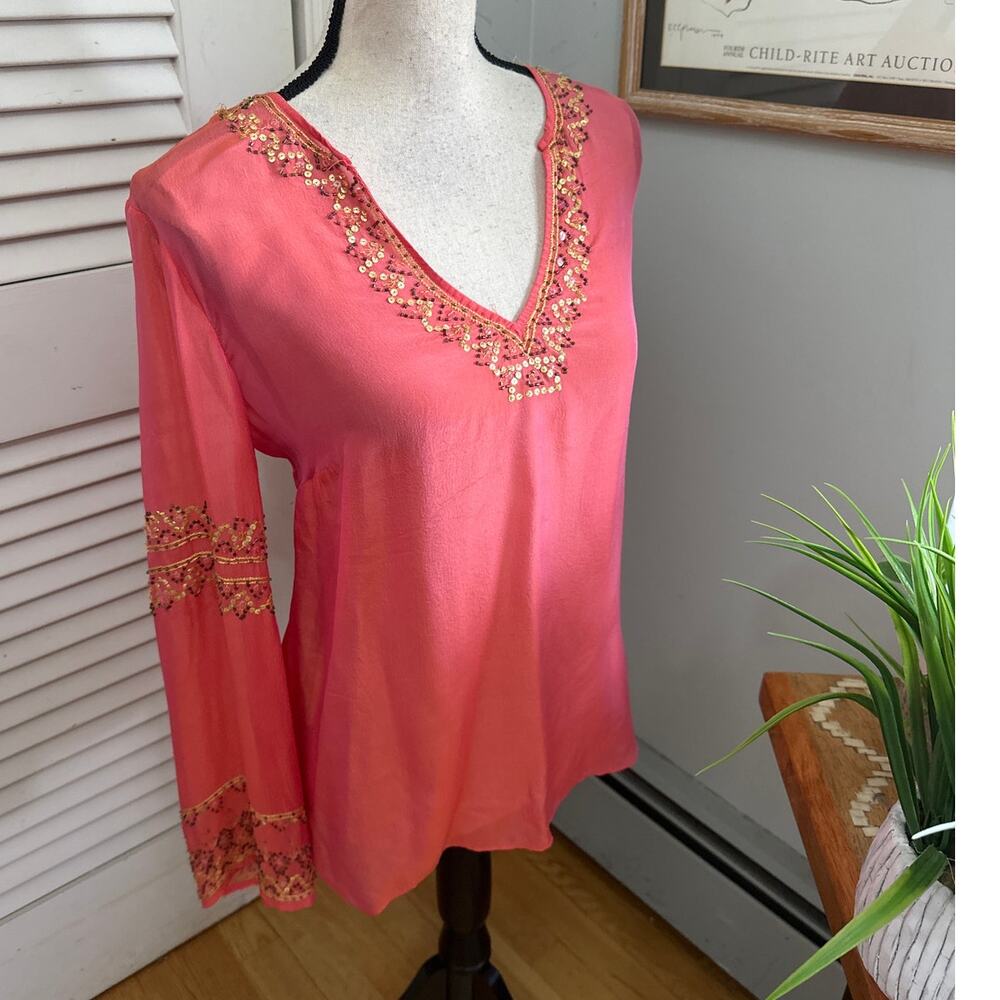 Vintage Eci Top Womens 10 Pink Iridescent Beaded Silk Retro Y2K Ethereal Fairy